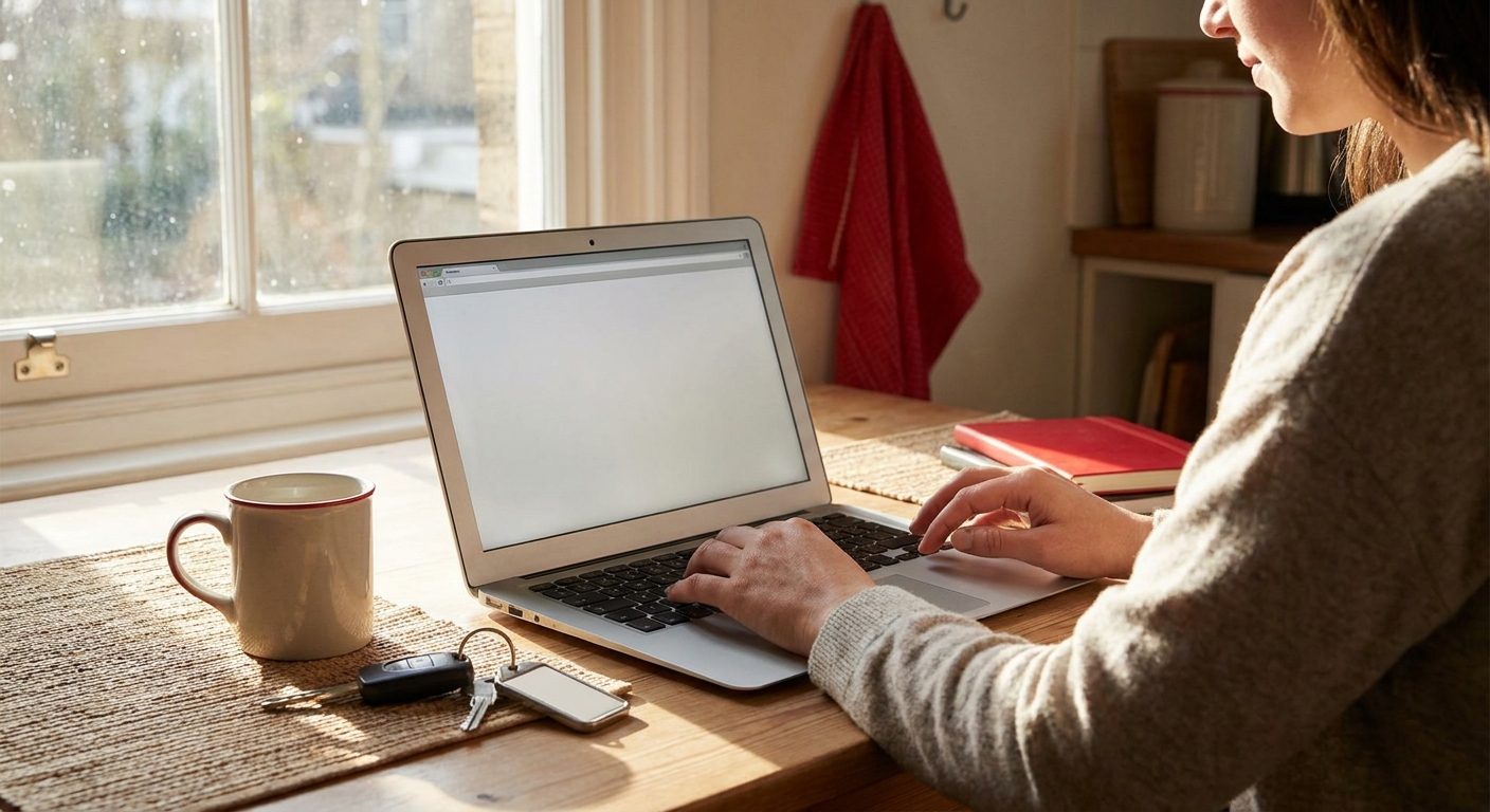 person applying for a fast title loan online at home with car keys nearby.