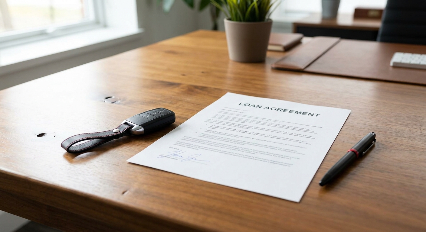 car key and loan agreement representing transparent title loan terms.