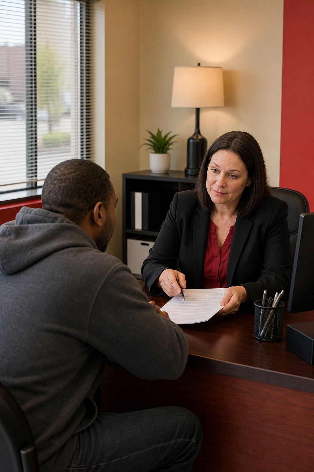 borrower meeting with traditional payday loan lender at a storefront office.