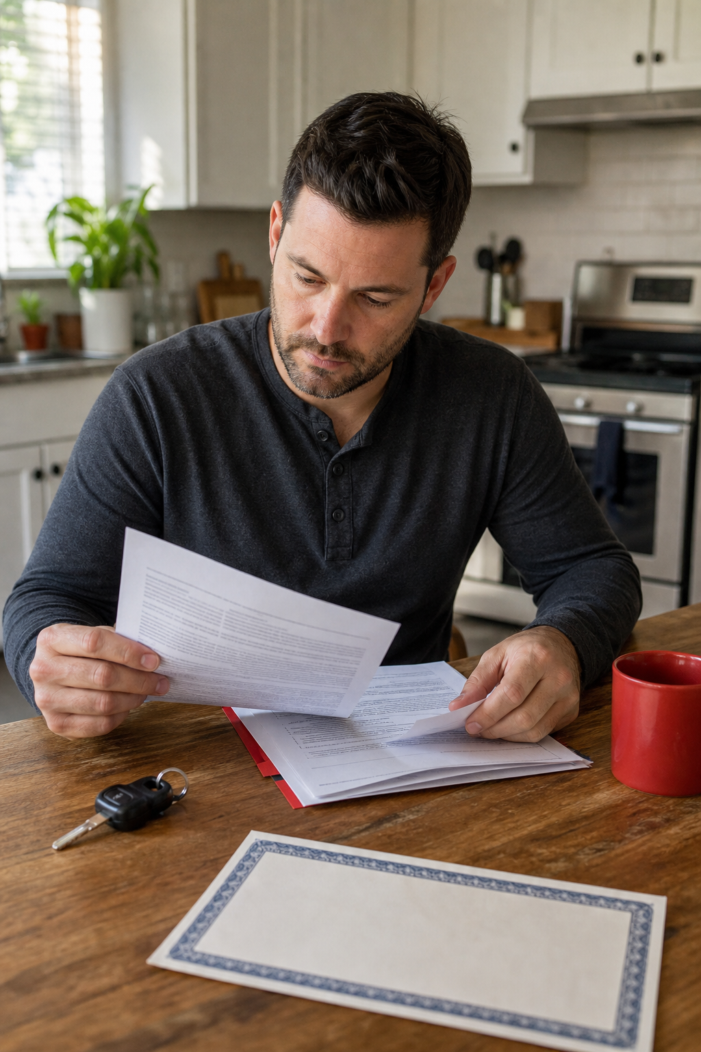 person reviewing title pawn loan terms at home.