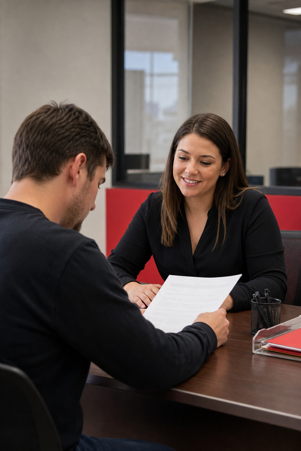 Customer reviewing title loan terms at a TitleMax-style lending office.
