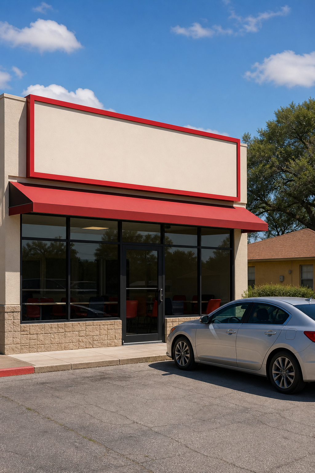 Title loan storefront with car parked outside for quick loan approval.