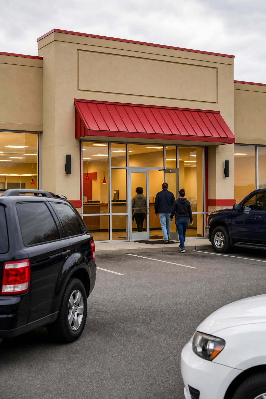 title loan storefront with customers, competitive title loan rates.
