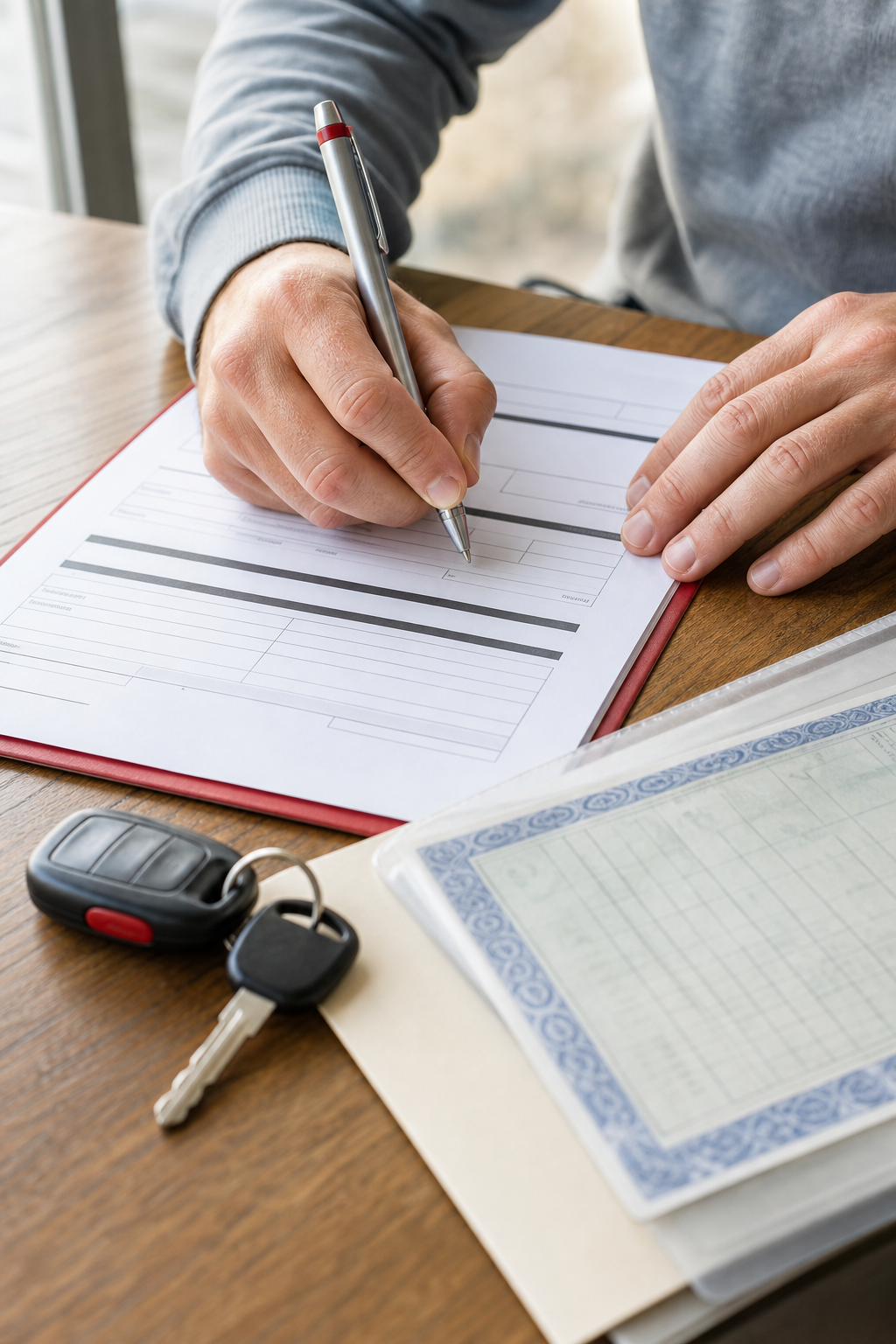 completing a title loan application with car keys and documents.