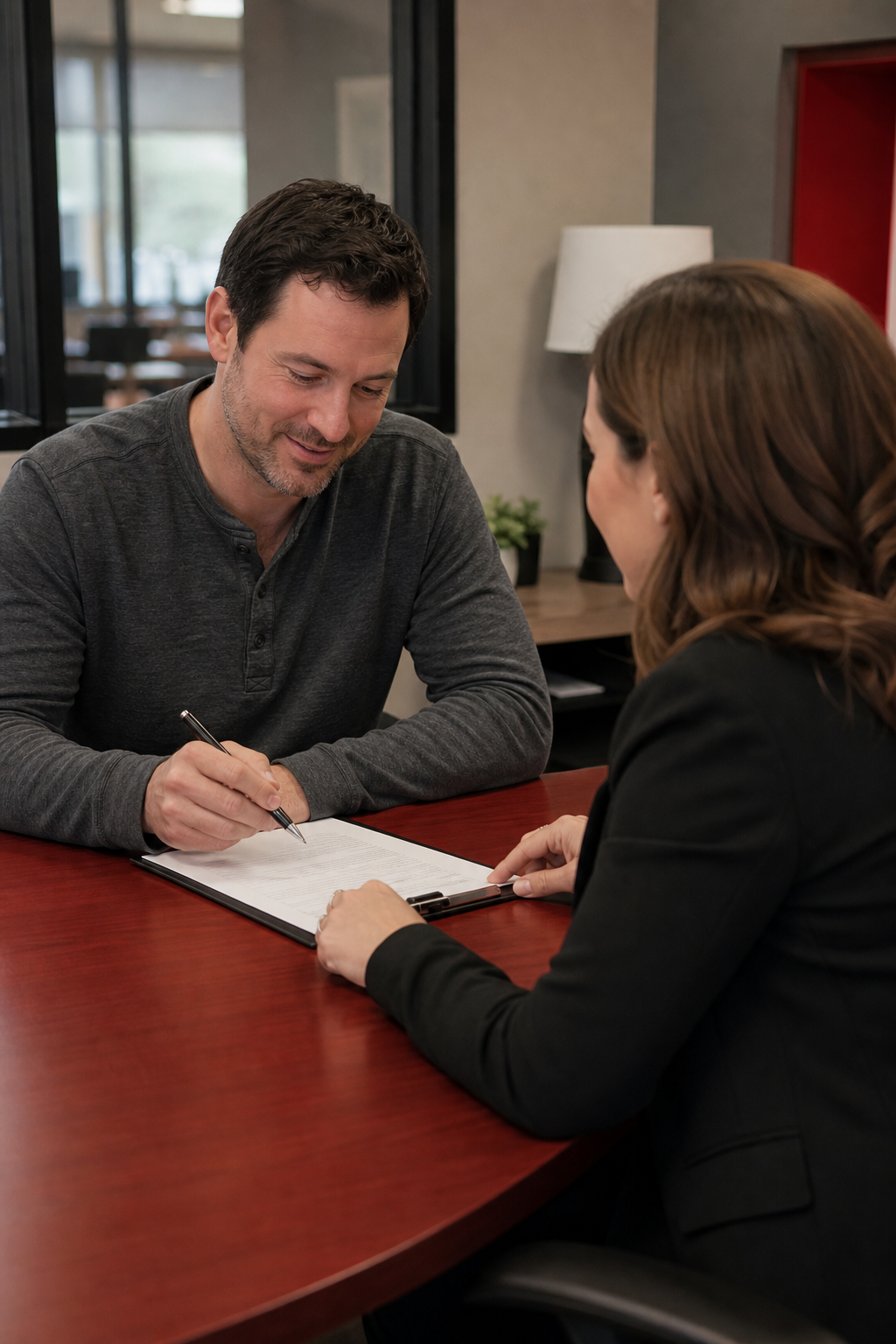 borrower reviewing title loan documents at a lender's office.