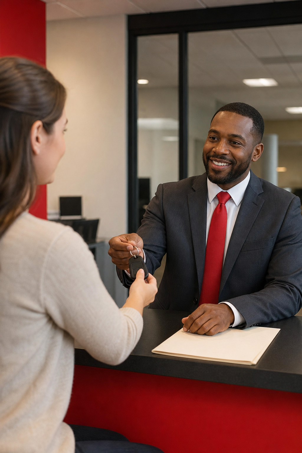 customer completing a car title loan application at a financial services counter.