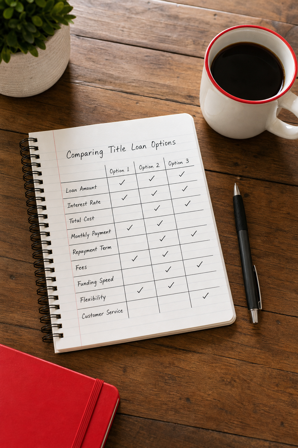 borrower comparing title loan options with a handwritten checklist.