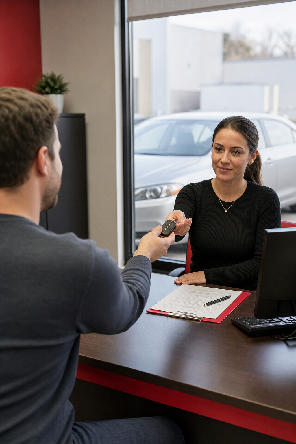 borrower completing a short-term title loan with low minimum amount at a lending office.
