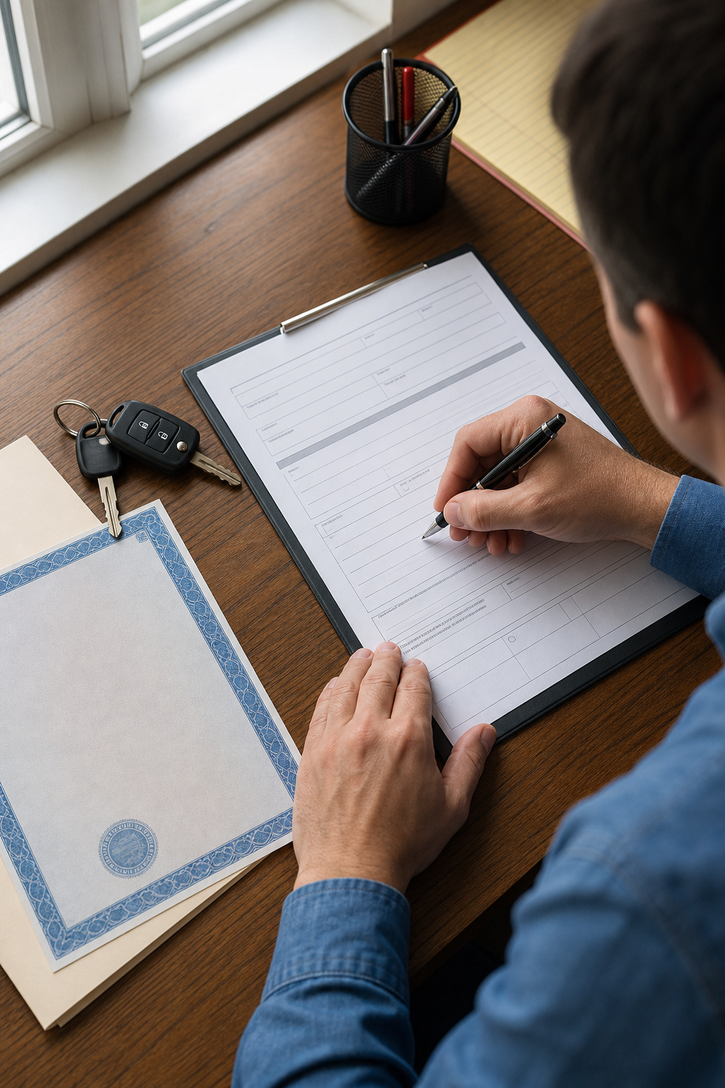 person completing a same day title loan application with car keys and title document on desk.