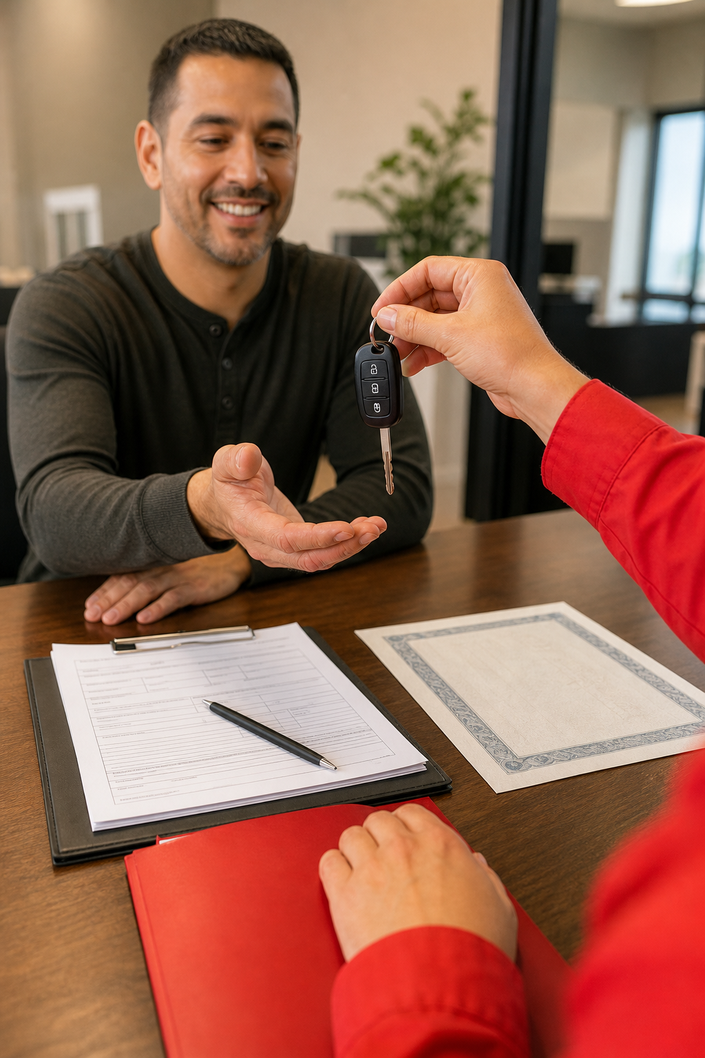person completing same day car title loan paperwork at a lending office.
