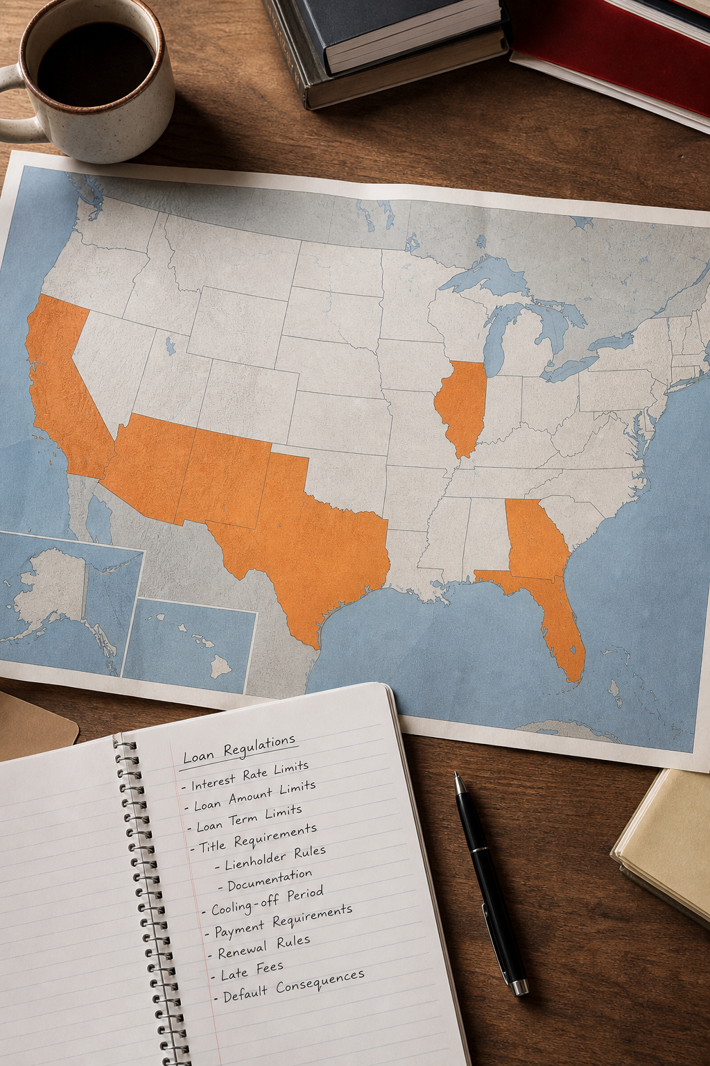 US map showing state-by-state car title loan legal requirements.