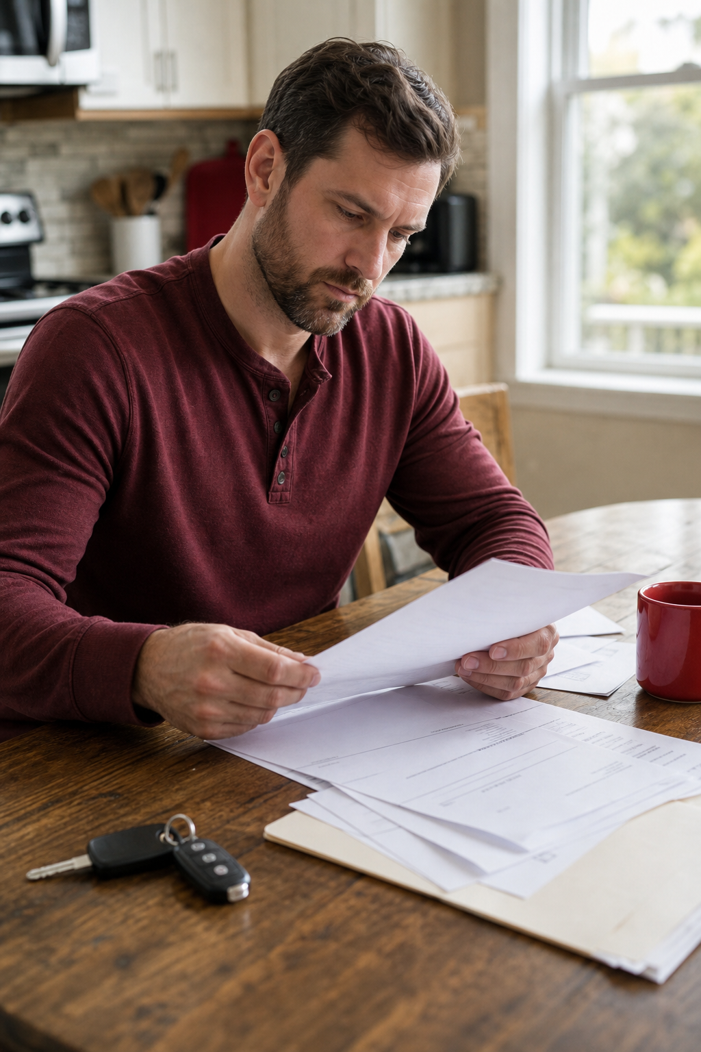 person reviewing same day title loan documents at home.