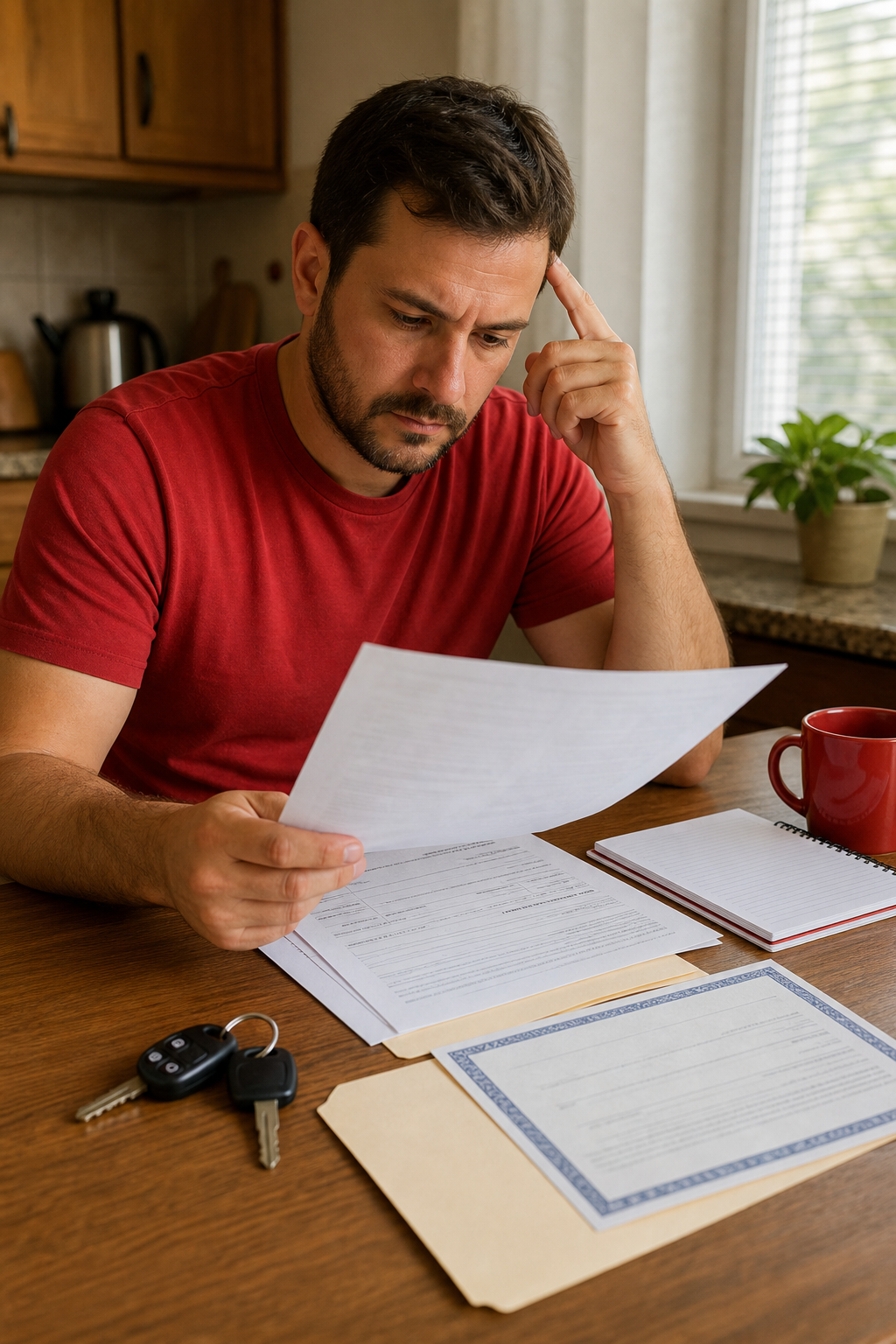person reviewing car title loan documents and credit check requirements at home.