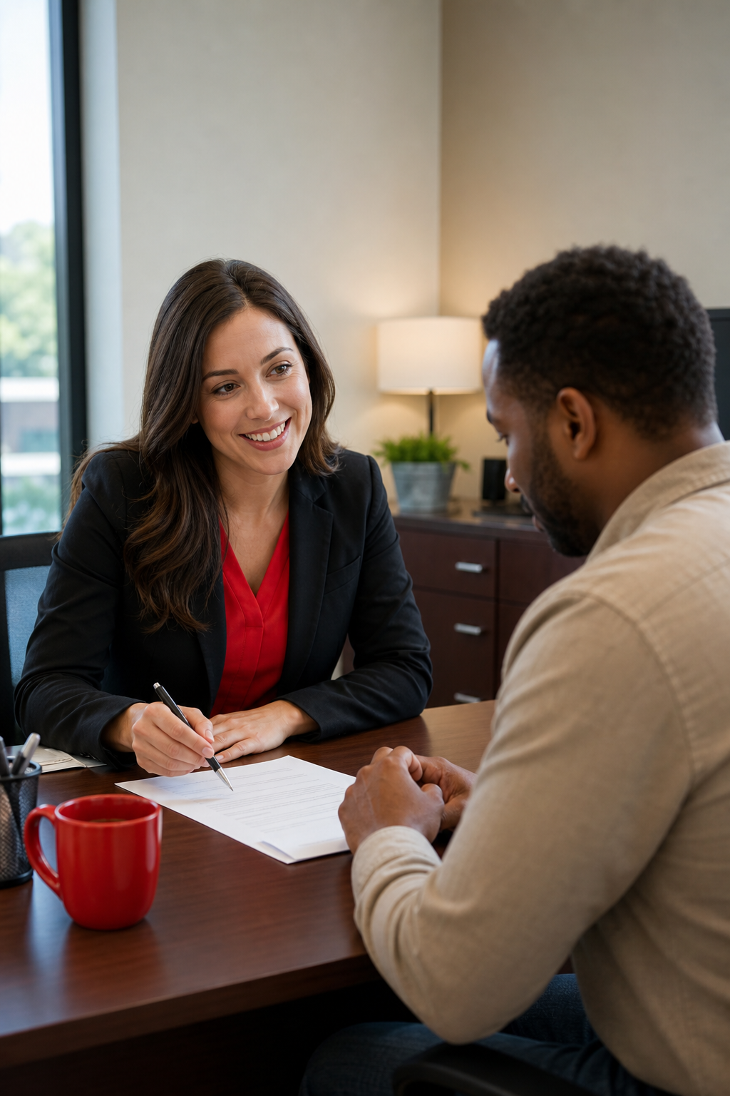 credit union loan officer helping member with title loan application.