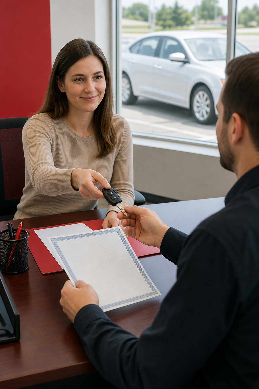 borrower completing a no credit check title loan application with vehicle title document.