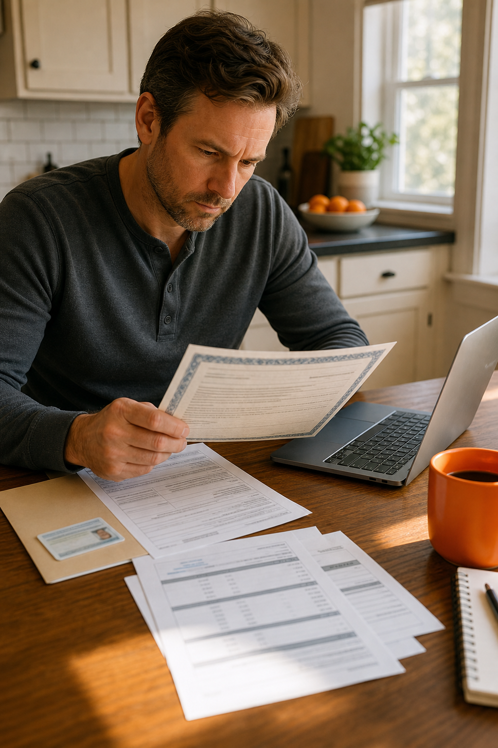 person reviewing car title loan eligibility documents at home.