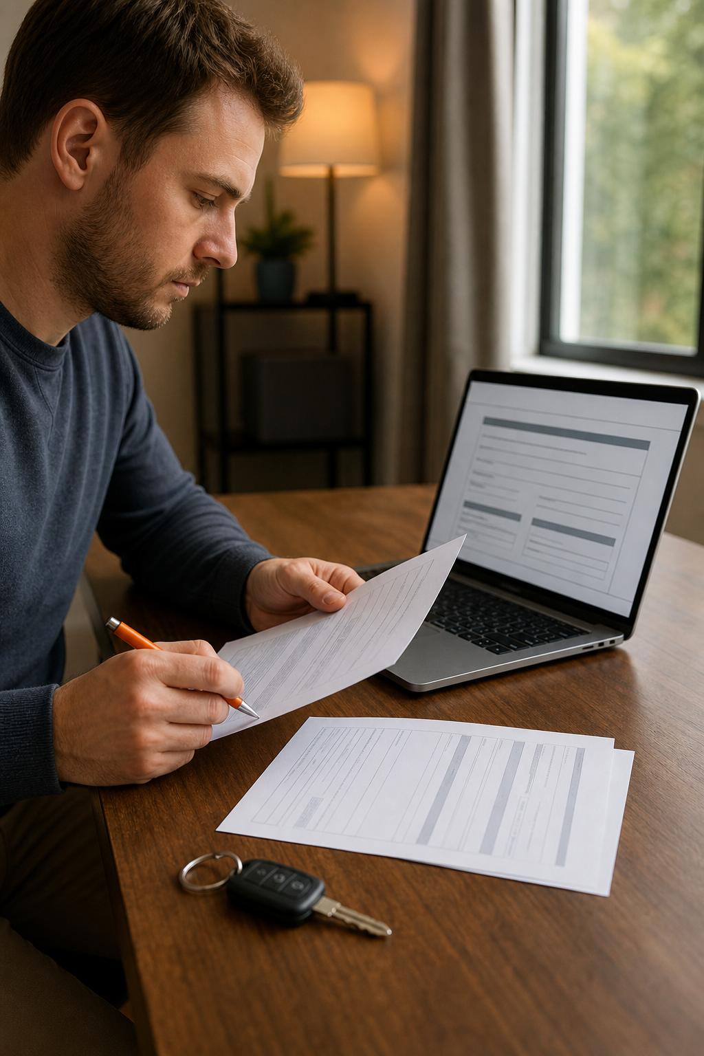 person reviewing no credit check title loan application with car keys on desk