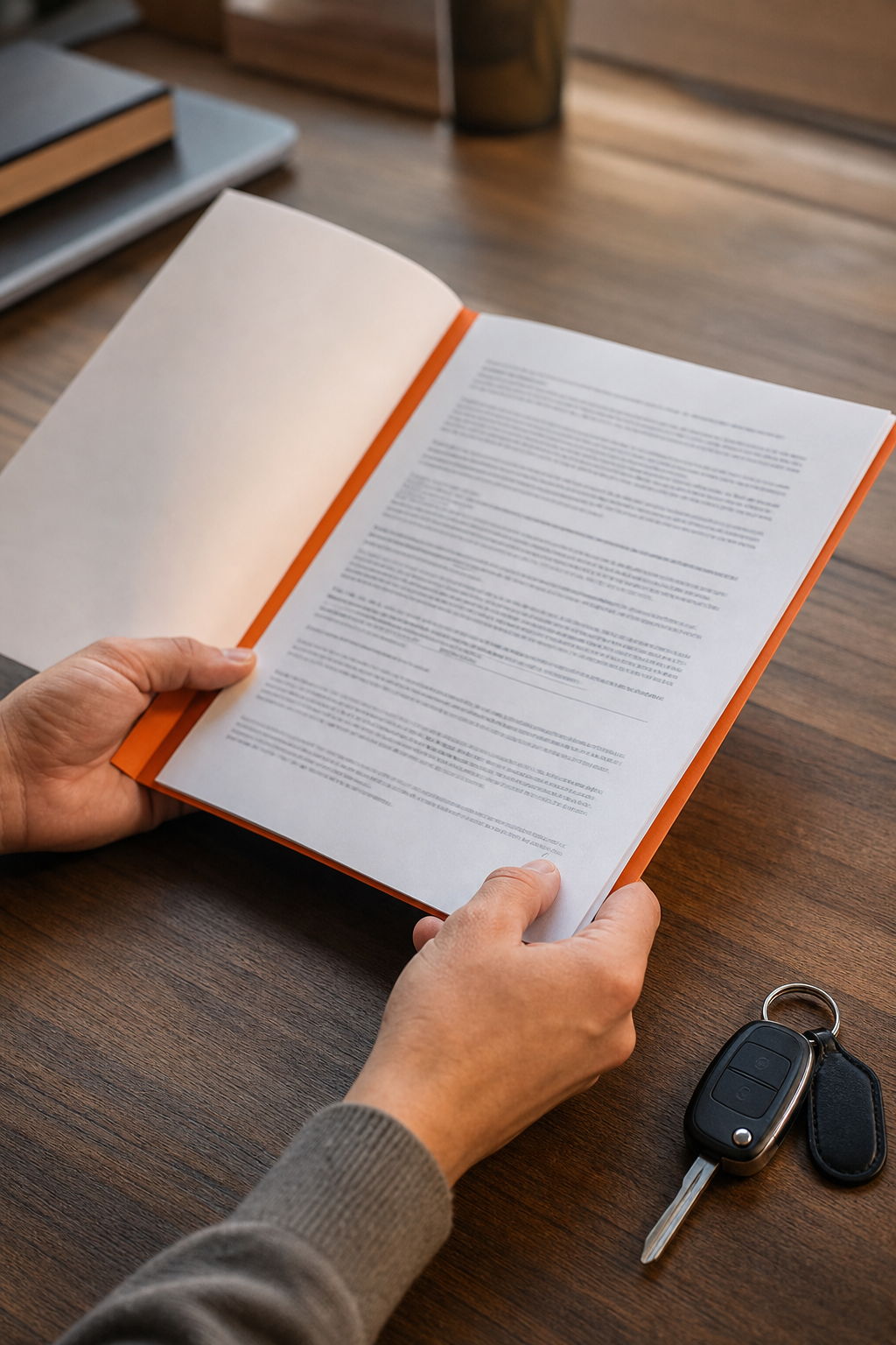 reviewing a car title loan agreement before driving.