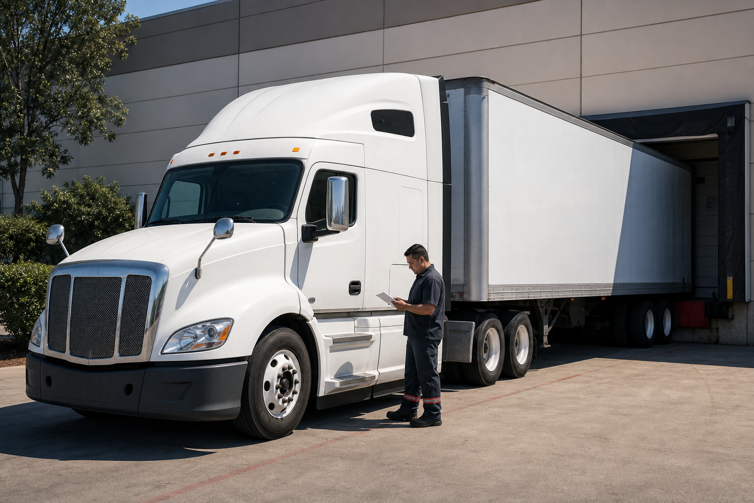A realistic photo of a FedEx linehaul truck parked at a loading dock in the Inland Empire, with a driver checking paperw