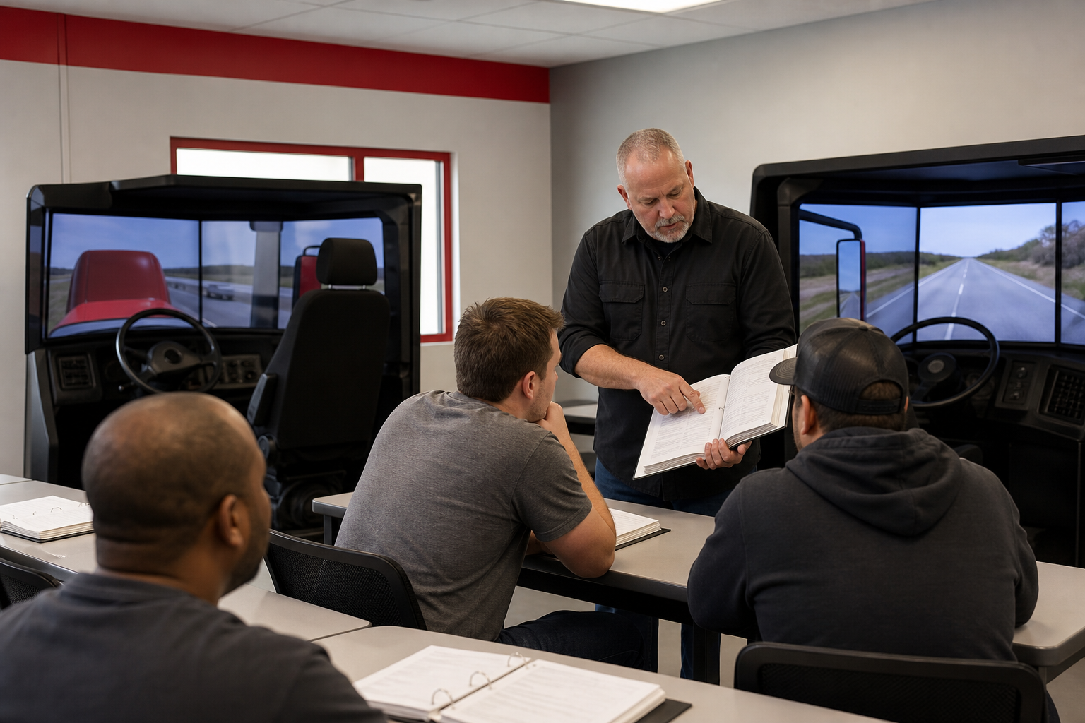 A realistic scene of a classroom with truck simulators and a certified instructor reviewing a CDL manual with students, 