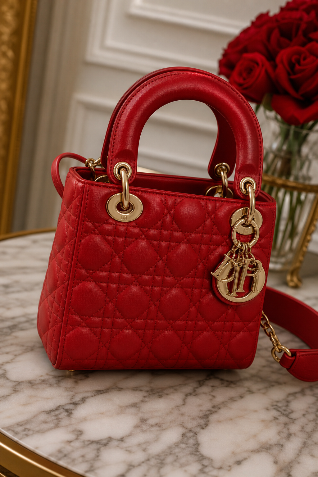 Dior Lady Dior bag detail on marble surface