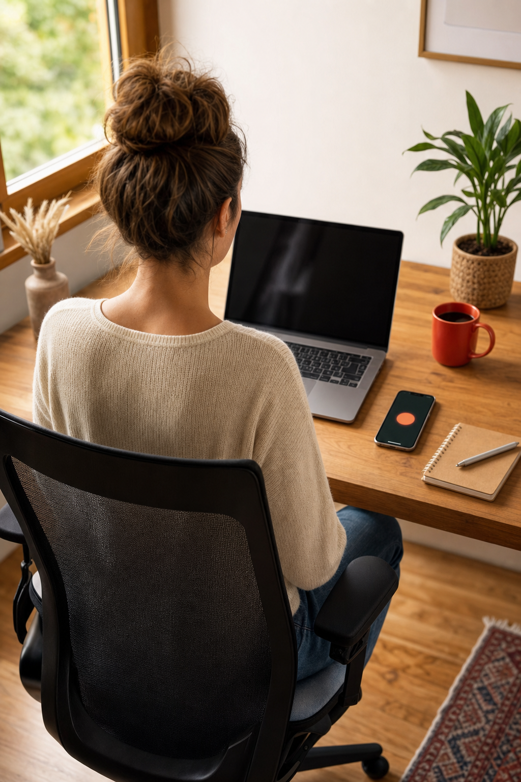 person using posture reminder app to prevent tech neck at a home desk.