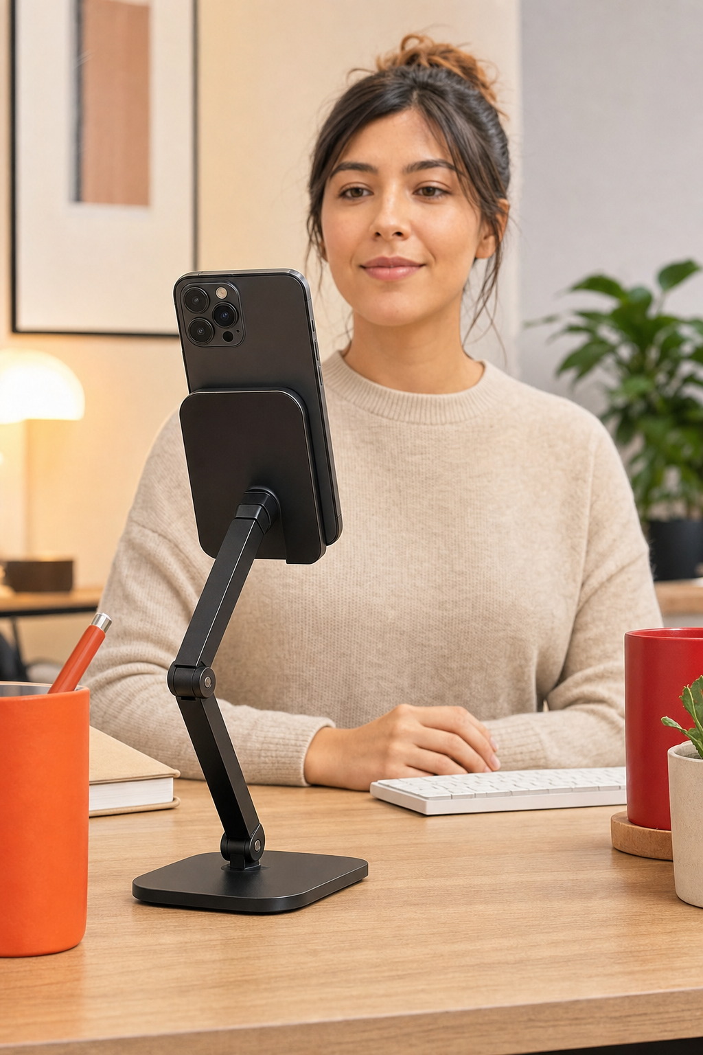 adjustable phone stand raising device to eye level to reduce tech neck strain.