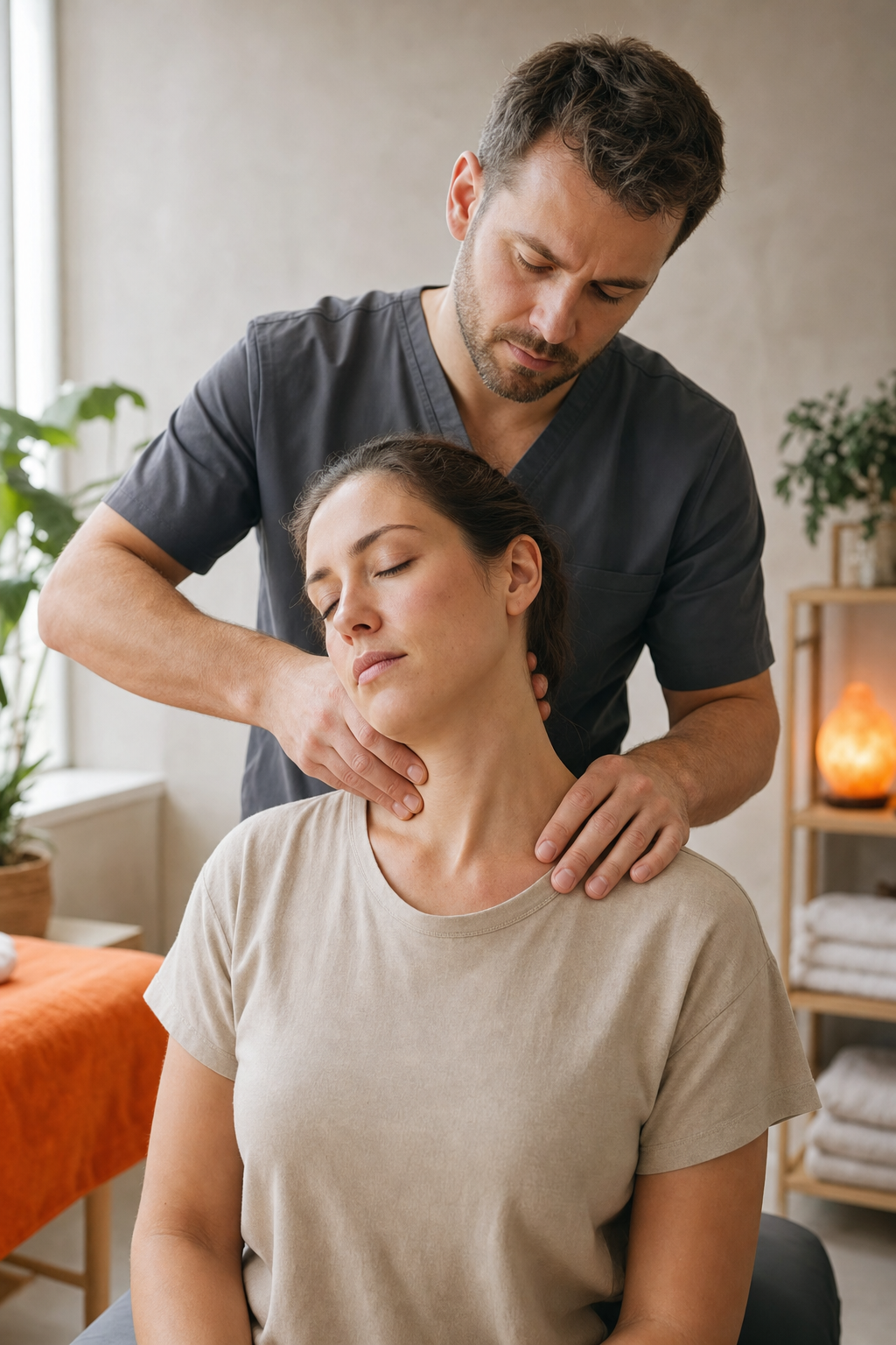 osteopath treating neck tension headache in a clinic setting.