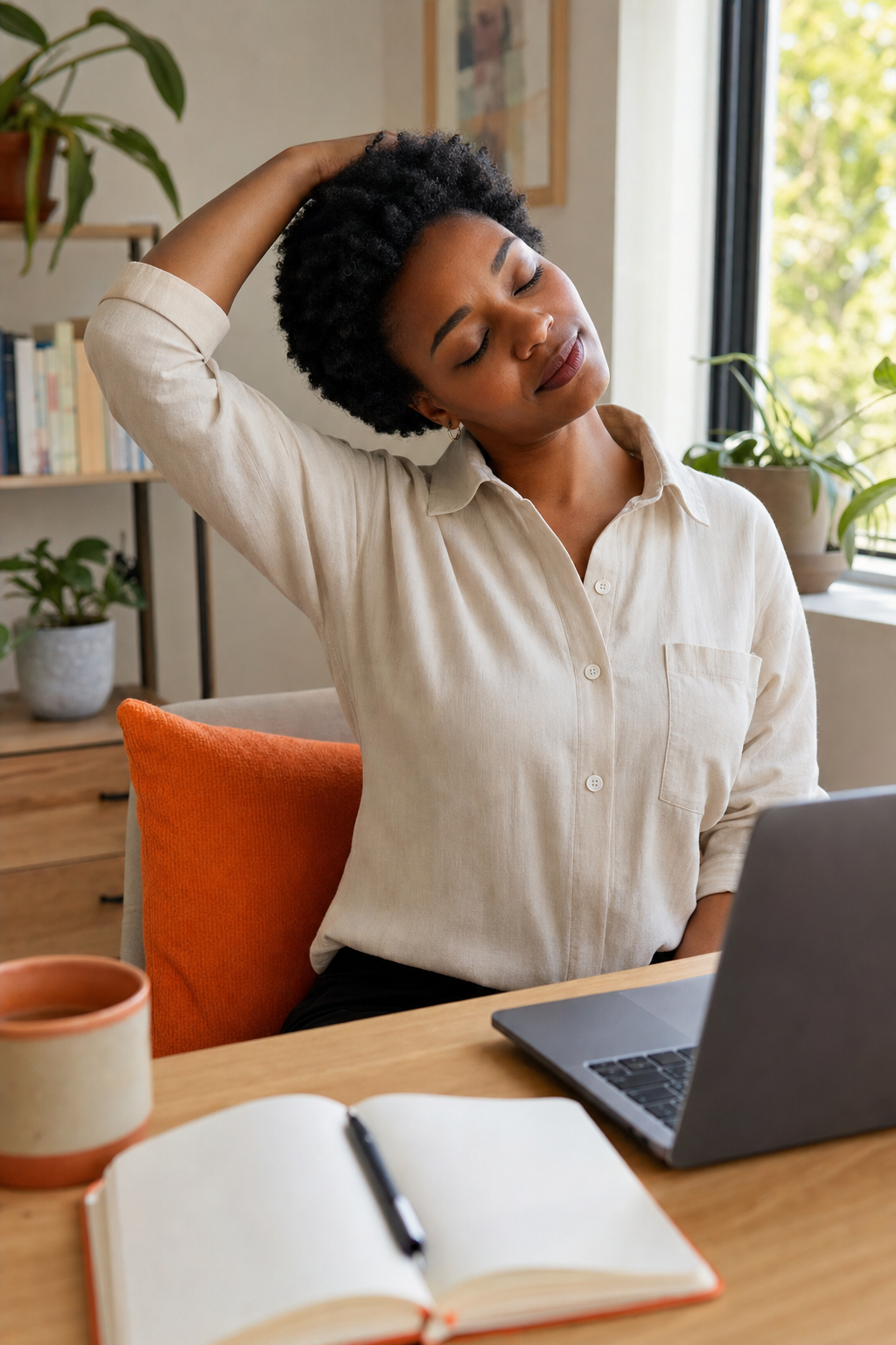 person doing neck stretches at home to relieve tension headache.