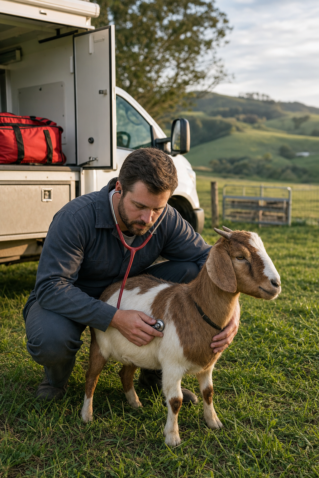 mobile large animal vet near me examining a goat on a homestead.