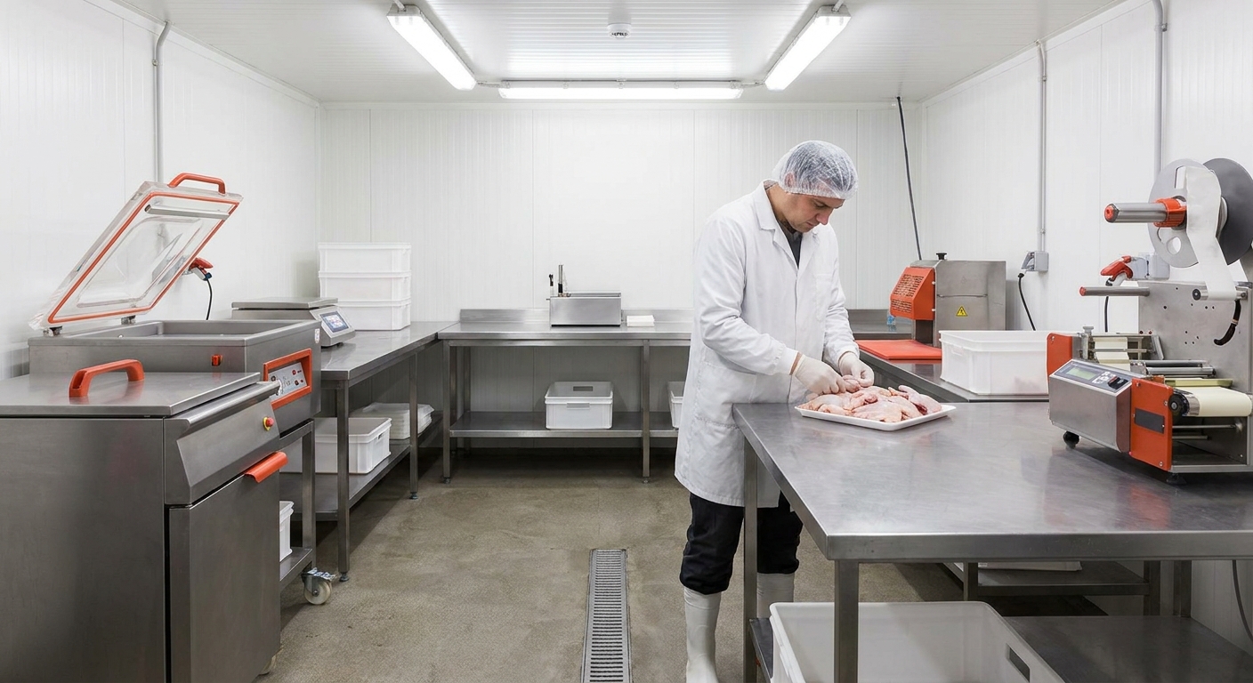 regional co-op poultry processing hub interior with USDA inspection workflow