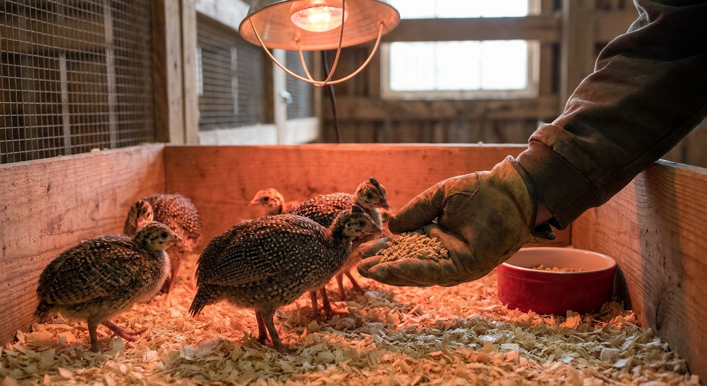 French guinea keets for sale near me in a hatchery brooder.
