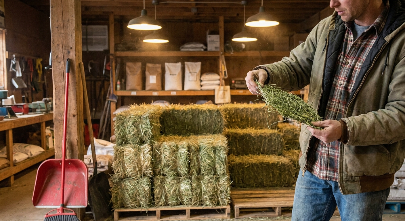 where to buy hay near me at a local feed store with stacked square bales.
