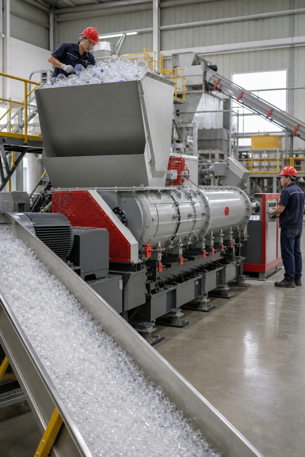 A realistic industrial workshop showing a high‑L/D ratio plastic grinder processing clear PET bottles, with operators mo