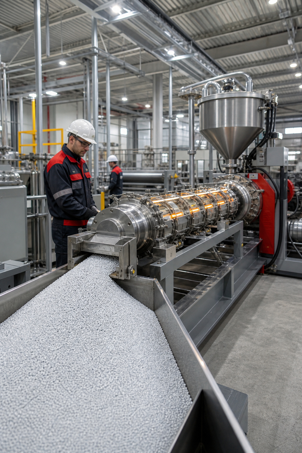 A realistic industrial workshop showing a large twin‑screw extruder with glowing heaters and a conveyor of plastic granu
