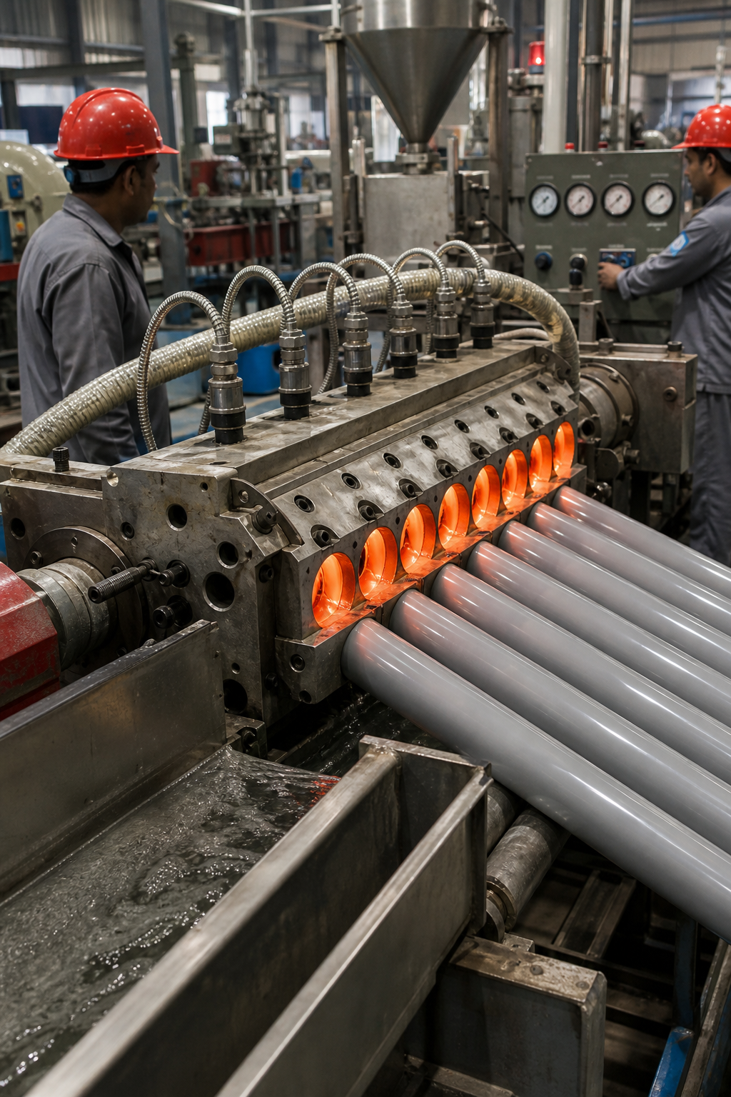 A realistic factory floor showing a pipe extrusion line with a multi‑cavity die head, bright molten plastic flowing into