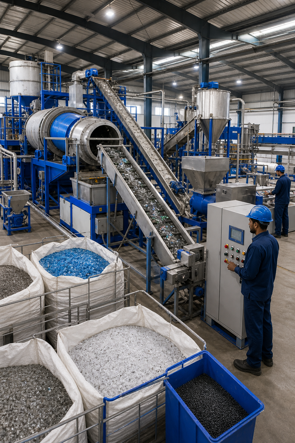 A realistic industrial recycling line with washing drums, conveyors, and pelletizers, showing workers monitoring control