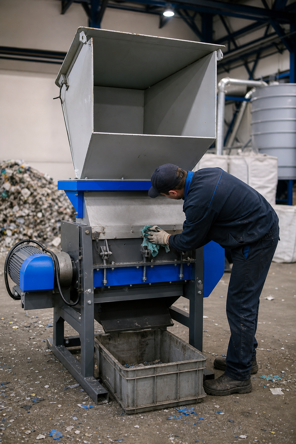 compact plastic shredder in a small recycling plant
