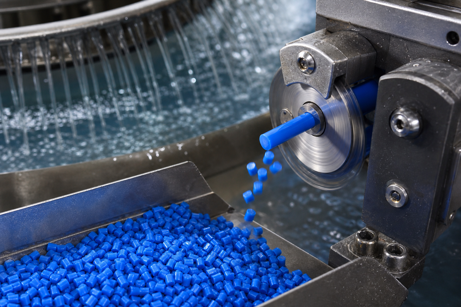 pelletizing and cutting mechanism in a plastic granules plant