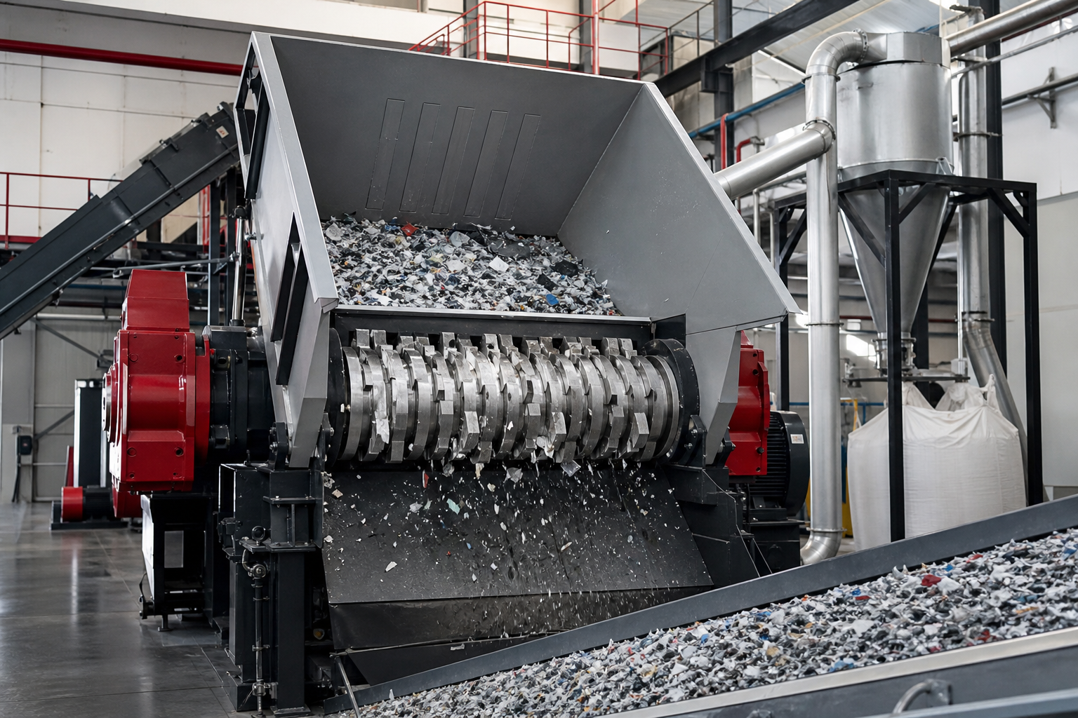 twin‑shaft plastic shredder in a recycling plant.