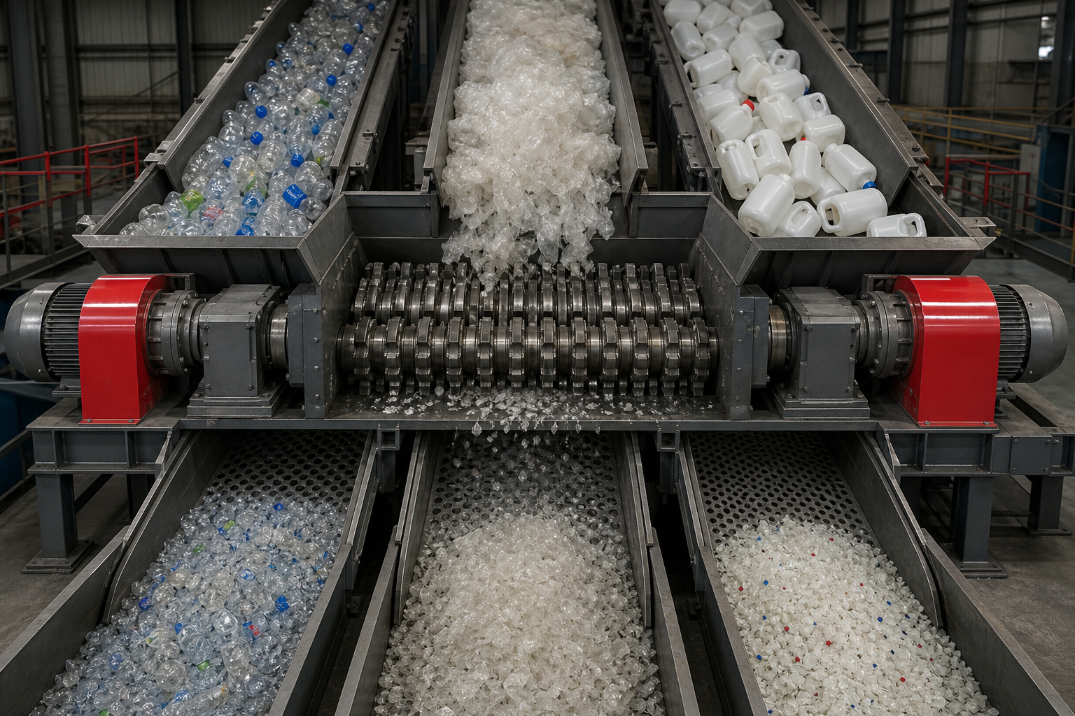 plastic recycling line with twin‑shaft shredder handling multiple polymer types.