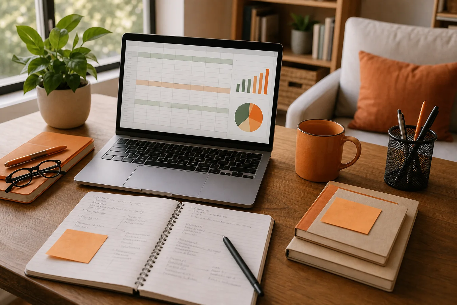 Author email marketing budget planning at a writing desk.