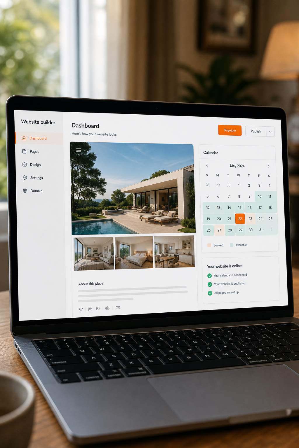 Lodgify website builder interface for vacation rentals.