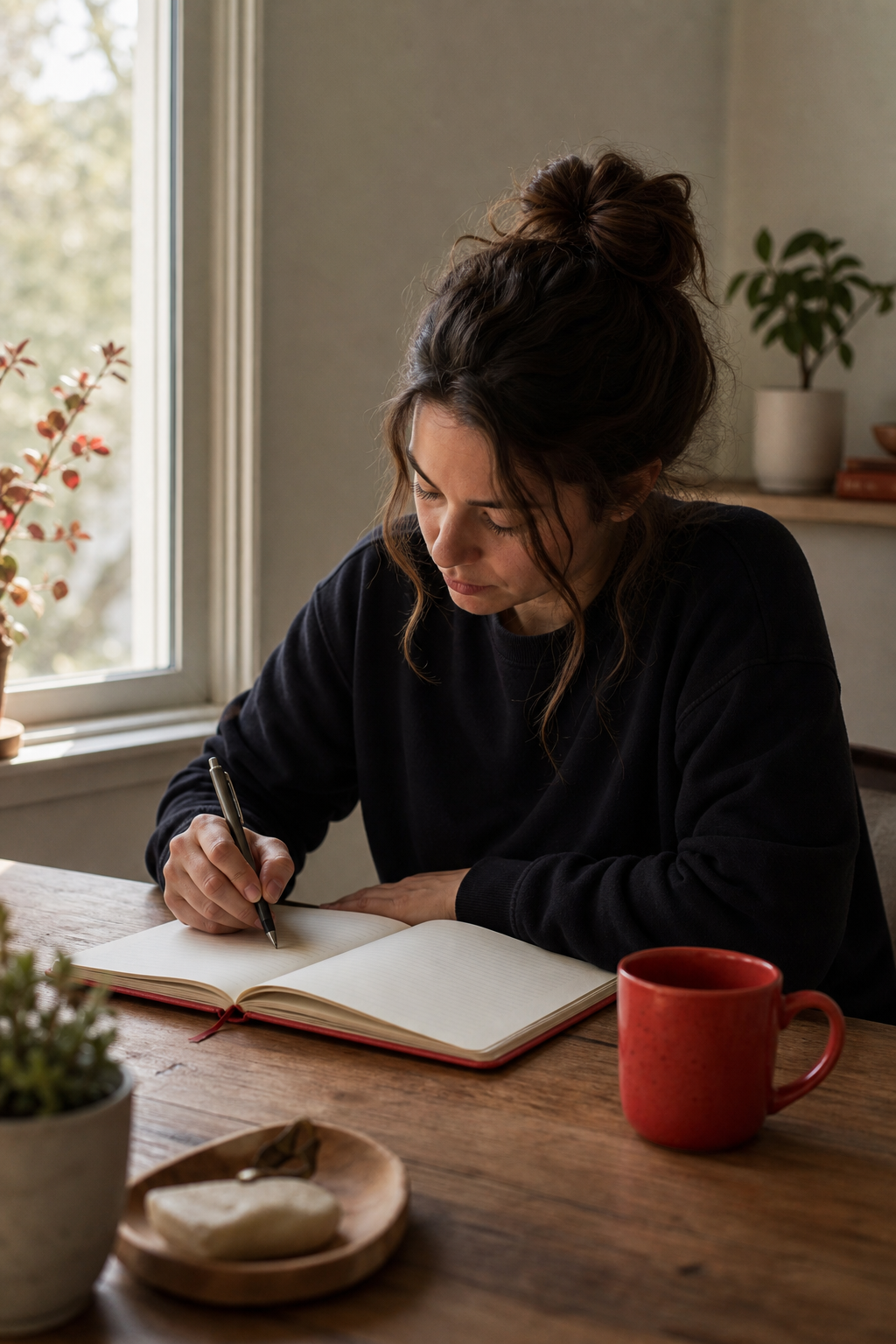 A warm, realistic scene of a person sitting at a desk, writing a brief intention in a notebook, soft natural light filte