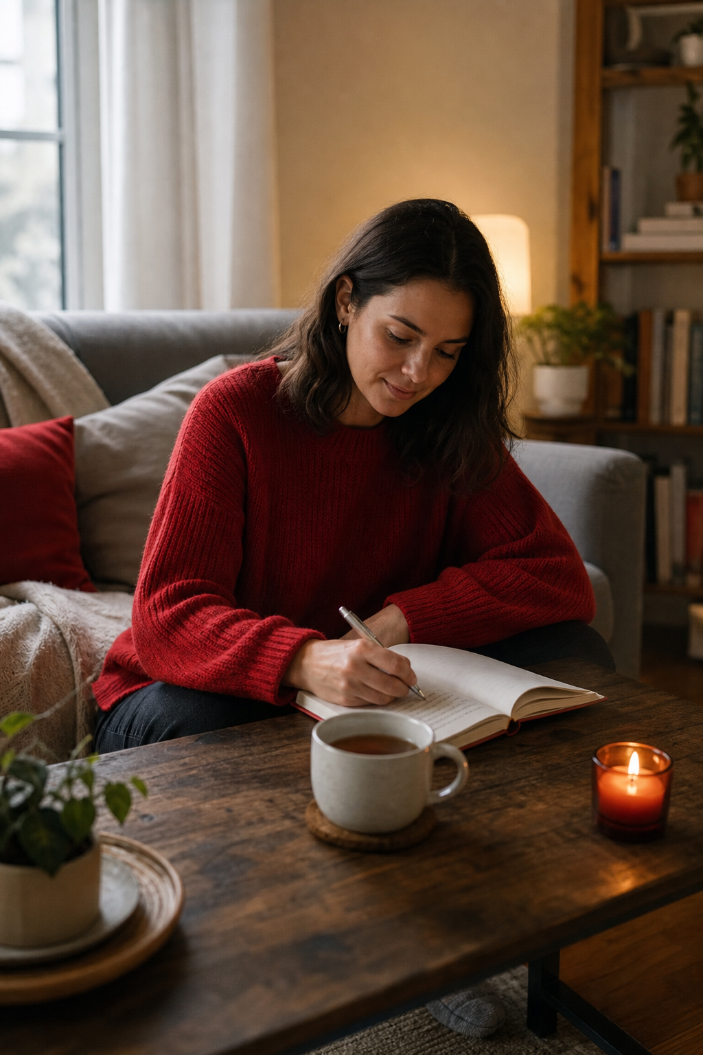 A realistic scene of a person sitting comfortably at a coffee table, writing in a journal with a cup of tea, soft ambien