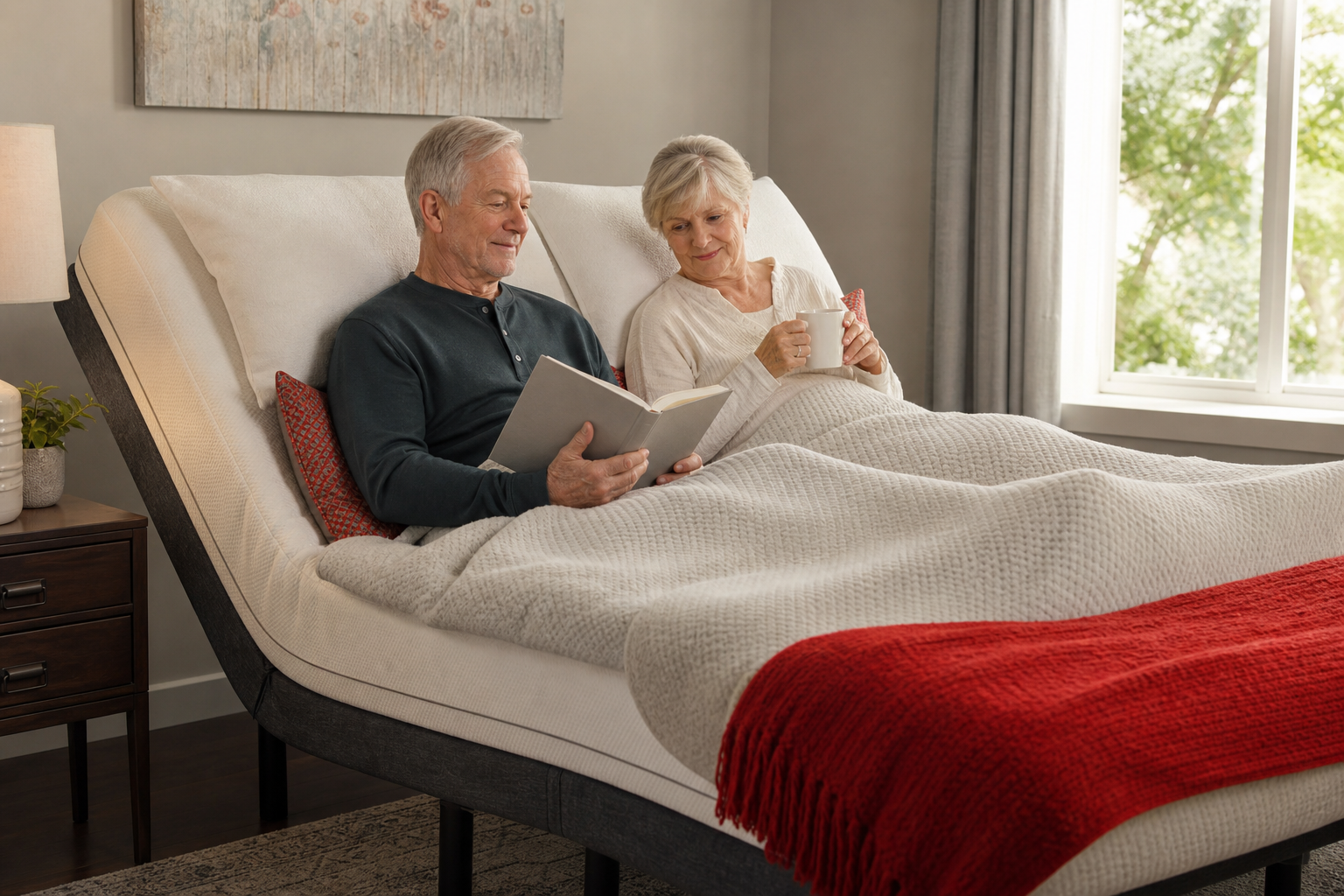 senior couple using an adjustable bed for comfort and independence