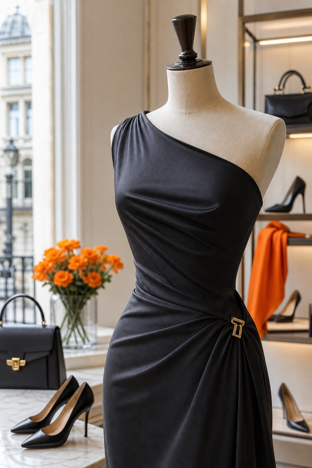 A photorealistic close‑up of a sleek, pre‑owned designer dress on a mannequin in a boutique setting, soft natural lighti