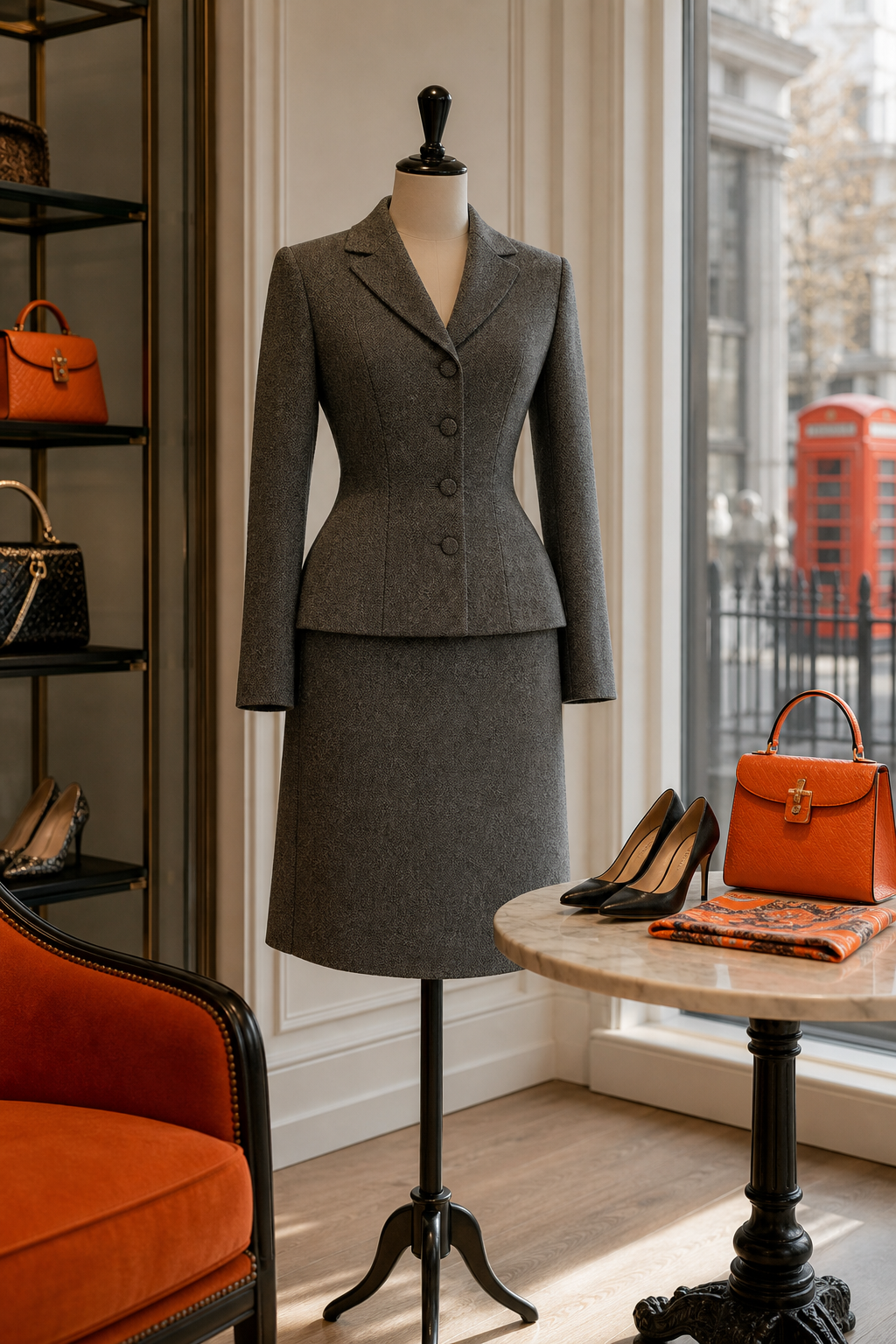 A photorealistic scene of a Dior Bar Suit Dress displayed on a mannequin in an elegant boutique, soft natural light, sub