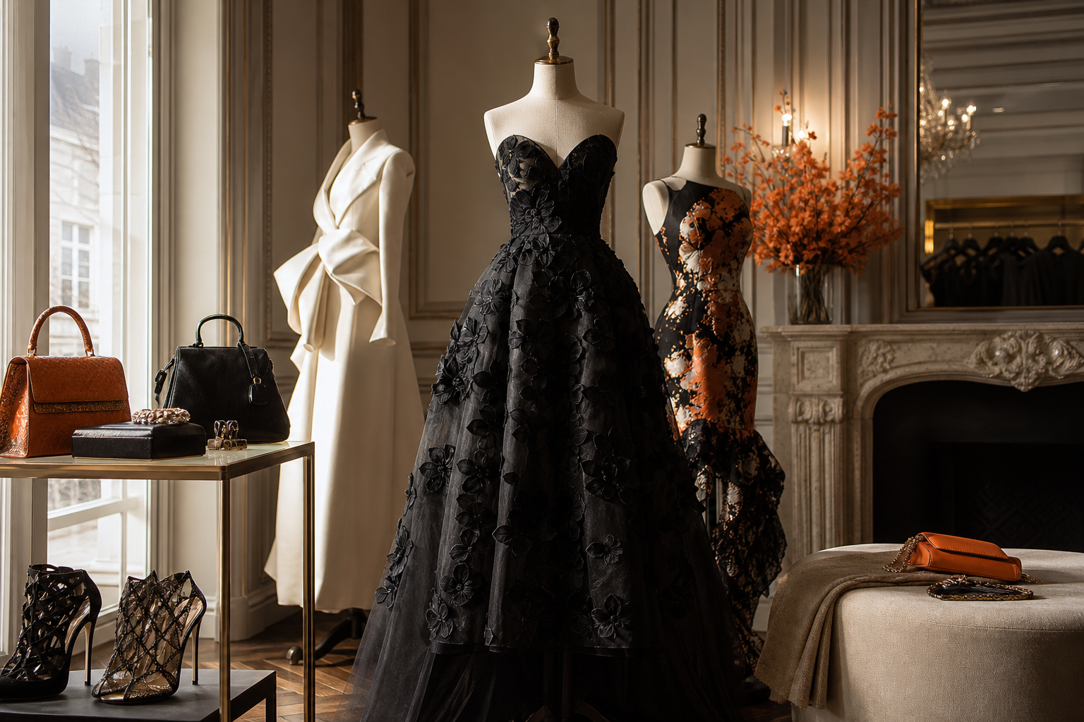 A photorealistic interior of a high‑end London boutique, showcasing elegant dresses on mannequins, soft natural light, s