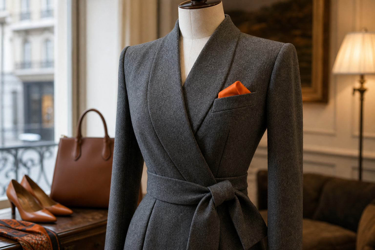 A realistic close‑up of a tailored wool dress on a mannequin, highlighting crisp shoulders and a waist tie, warm lightin